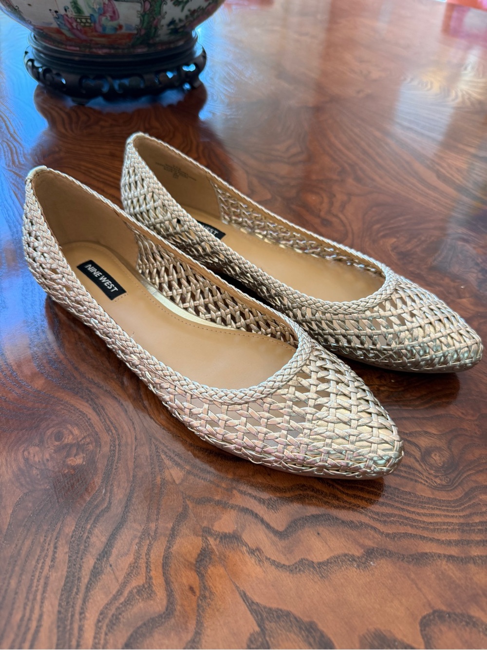 Nine West Metallic Woven Pointed-Toe Flats in Gold - Picture 2 of 3
